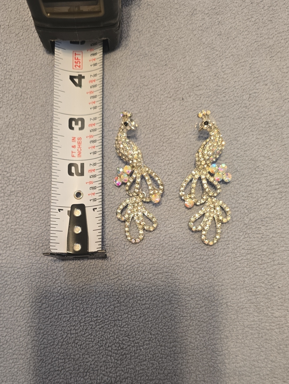 Crystal Iridescent  Peacock Drop Earrings - Silver Tone